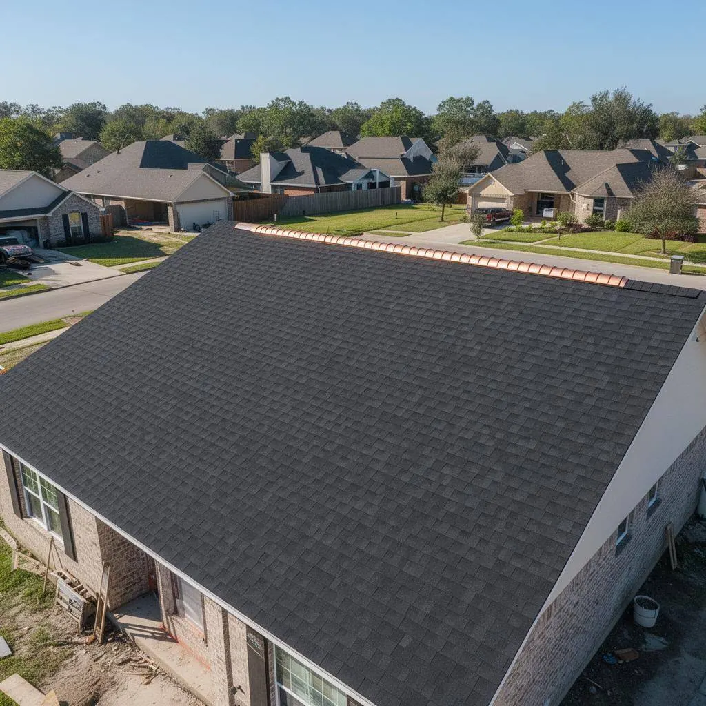 Brand new architectural shingle roof with copper ridge vent after replacement