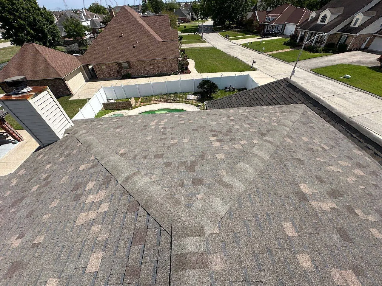 Completed architectural shingle roof aerial view in Southeast Louisiana