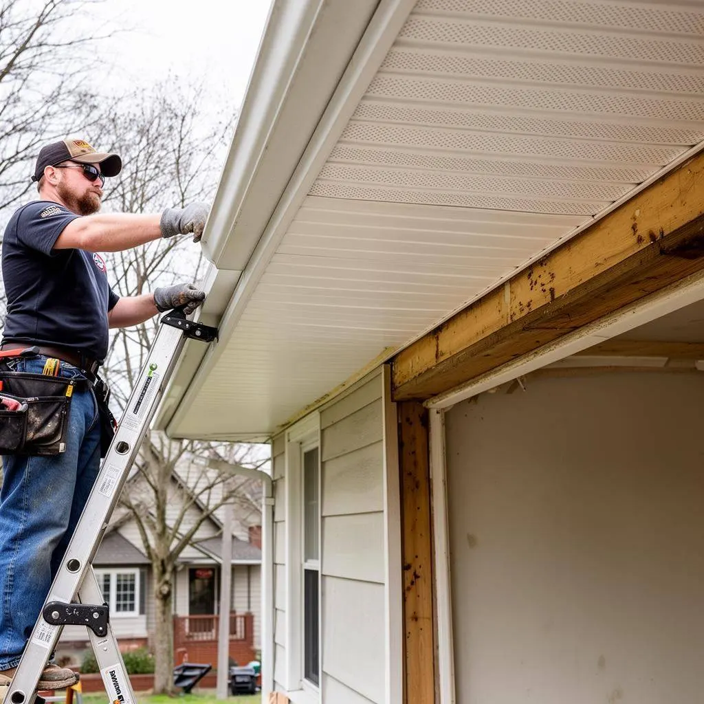 Soffit repair and replacement on residential home showing new vinyl panels
