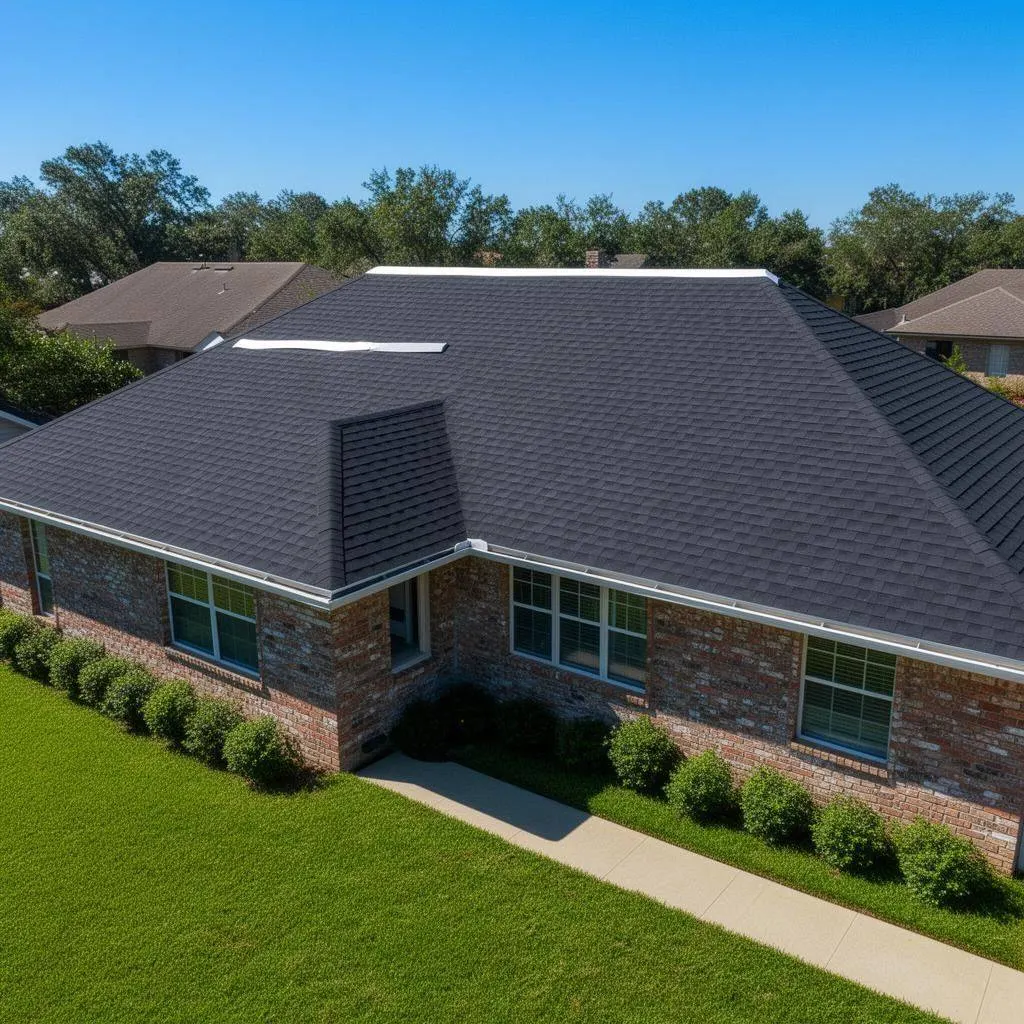 Completed shingle roof restoration after storm damage repair