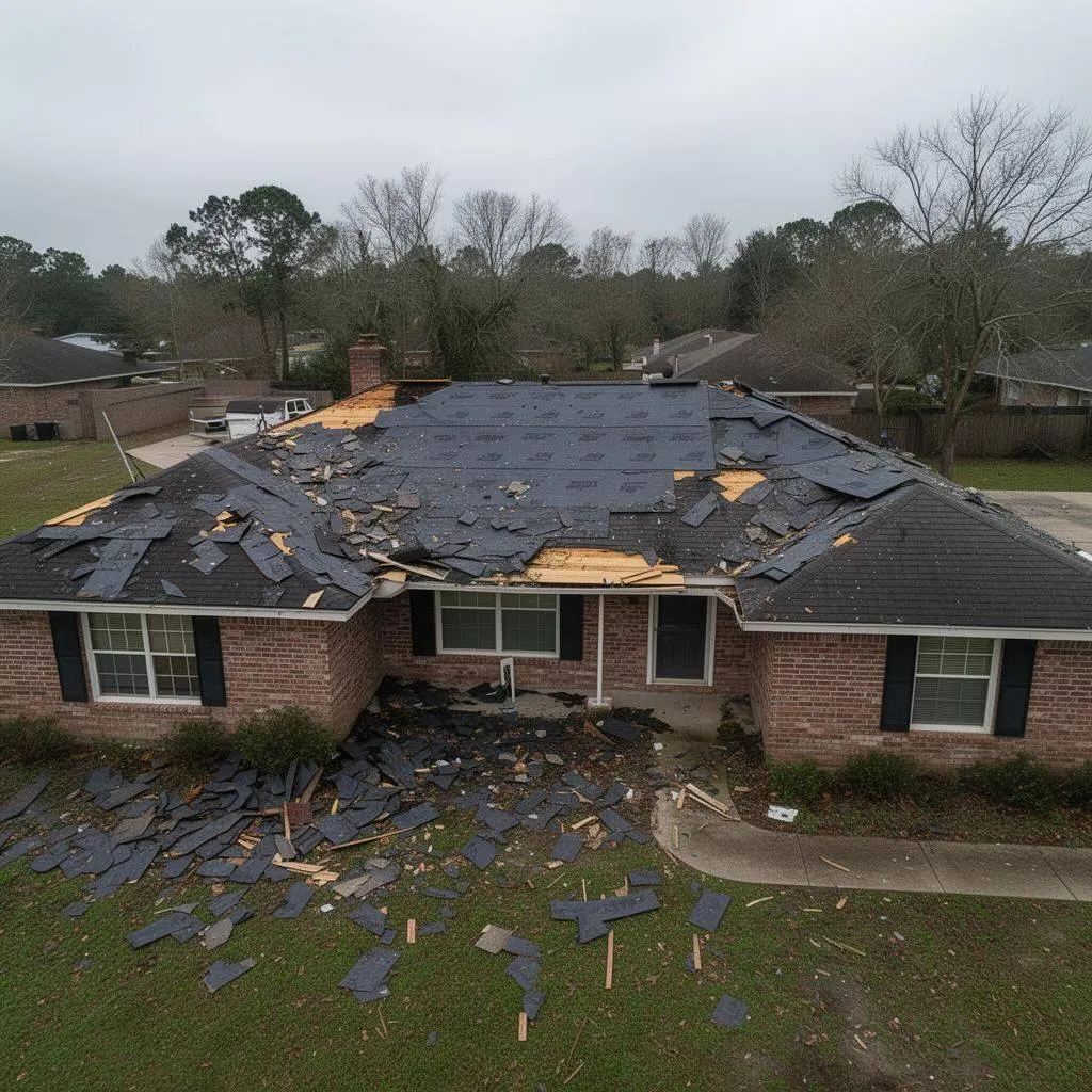 Storm damaged shingle roof with missing shingles and exposed decking