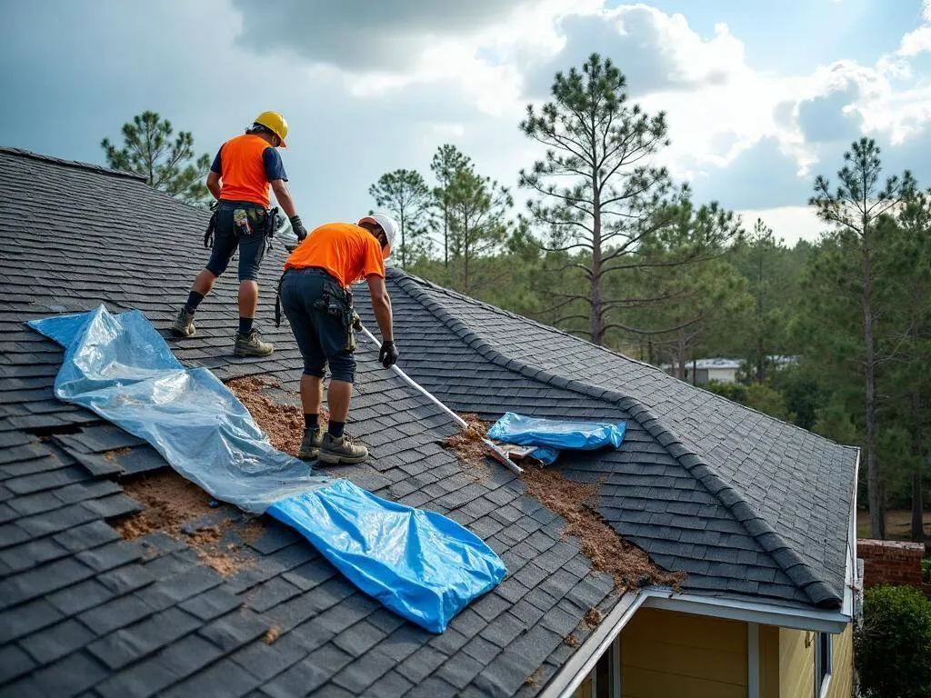 Storm damage roof repair in progress with crew replacing shingles in Jefferson Parish