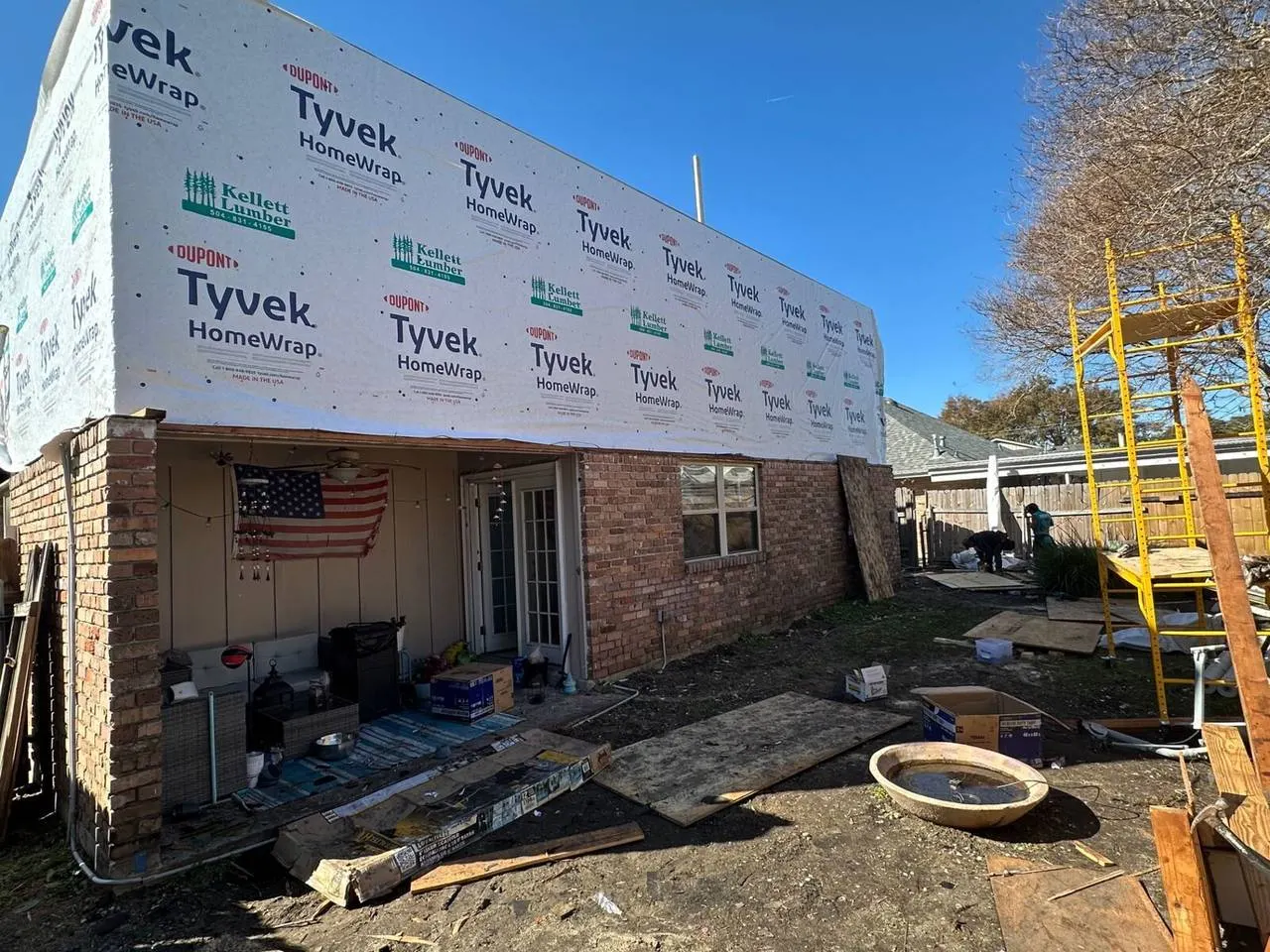 Tyvek housewrap installed on home addition before siding in Metairie