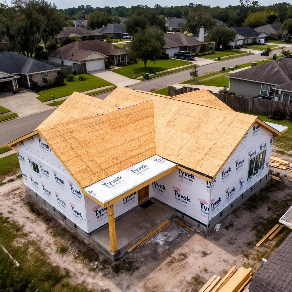 Aerial view of home addition with Tyvek housewrap and roof deck installation